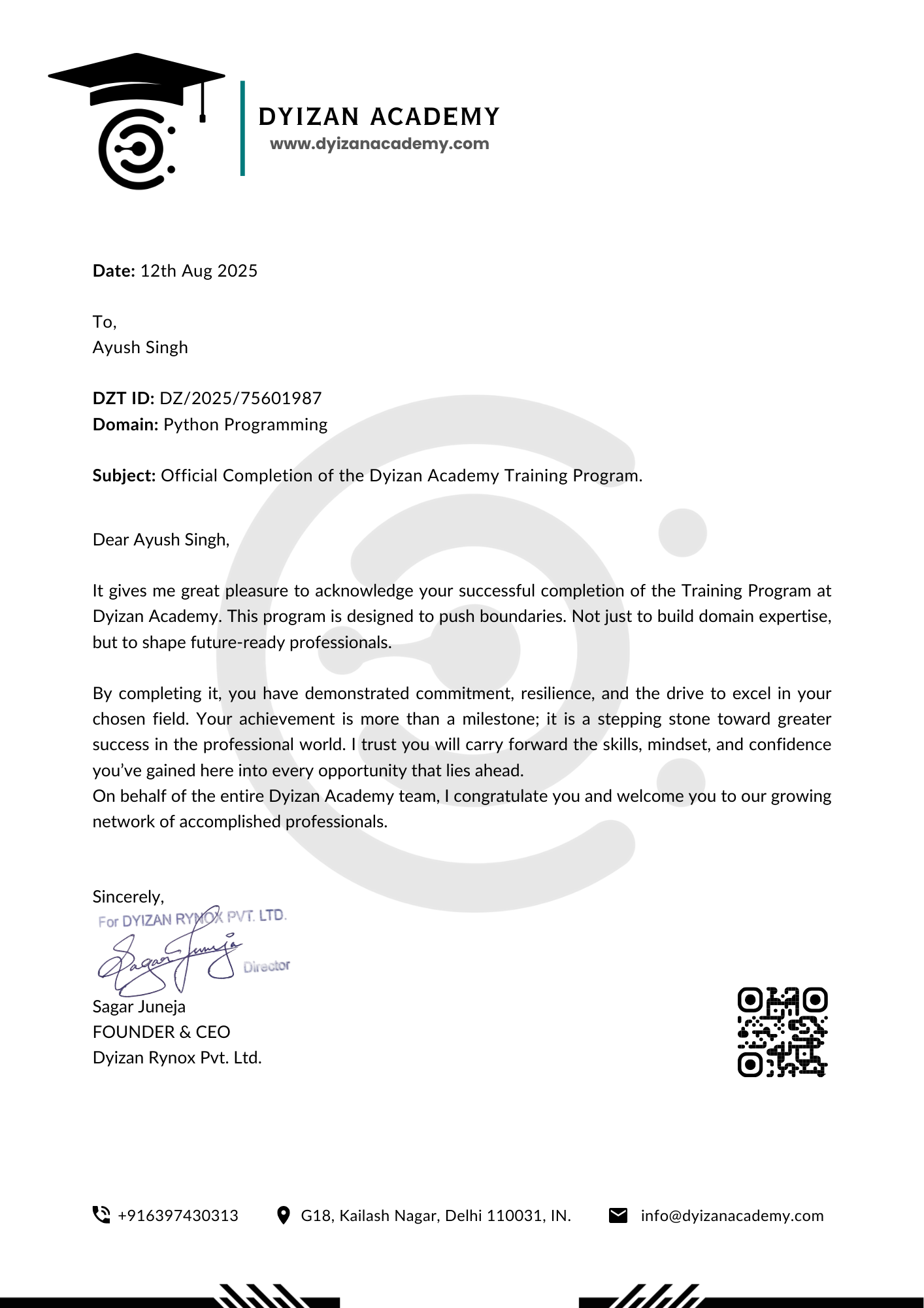 Sample Completion Letter